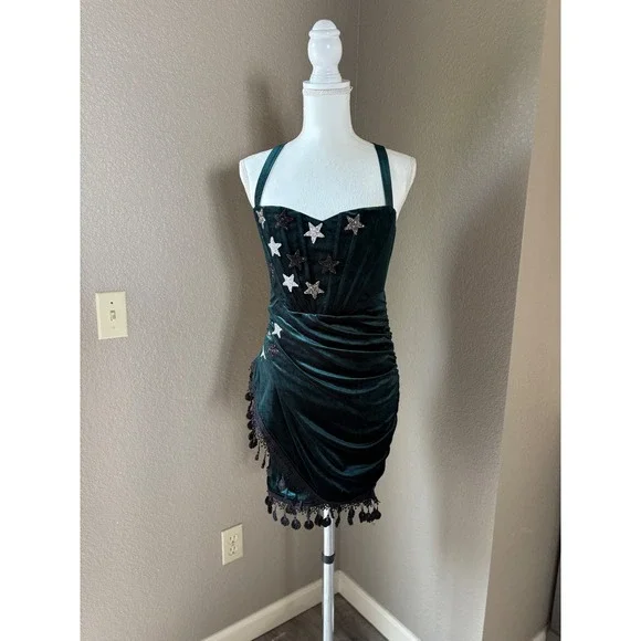 Emerald Green Velvet Star Sequin Ruched Mini Dress Halter Tassel Fringe - Picture 1 of 8